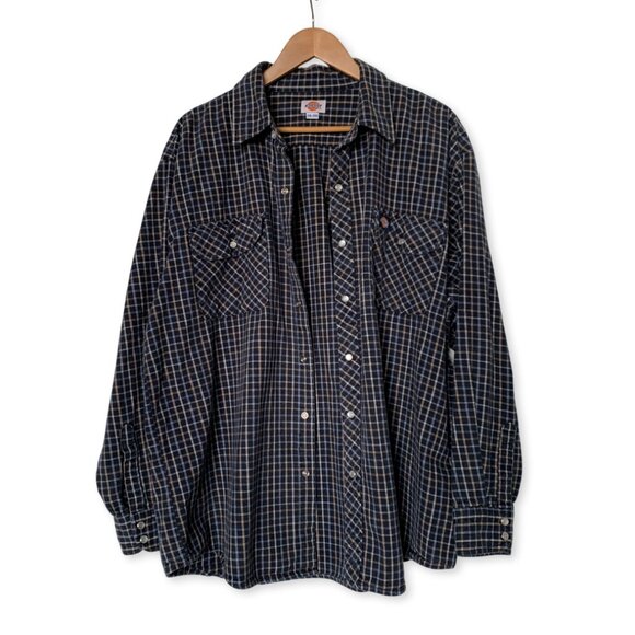 Dickies Plaid Flannel Navy White Pearl Snap Buttons Workwear Grunge Skater Emo - Picture 1 of 12
